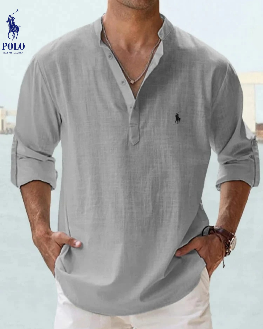 Linen Mandarin Collar Henley Shirt — Clearance Sale