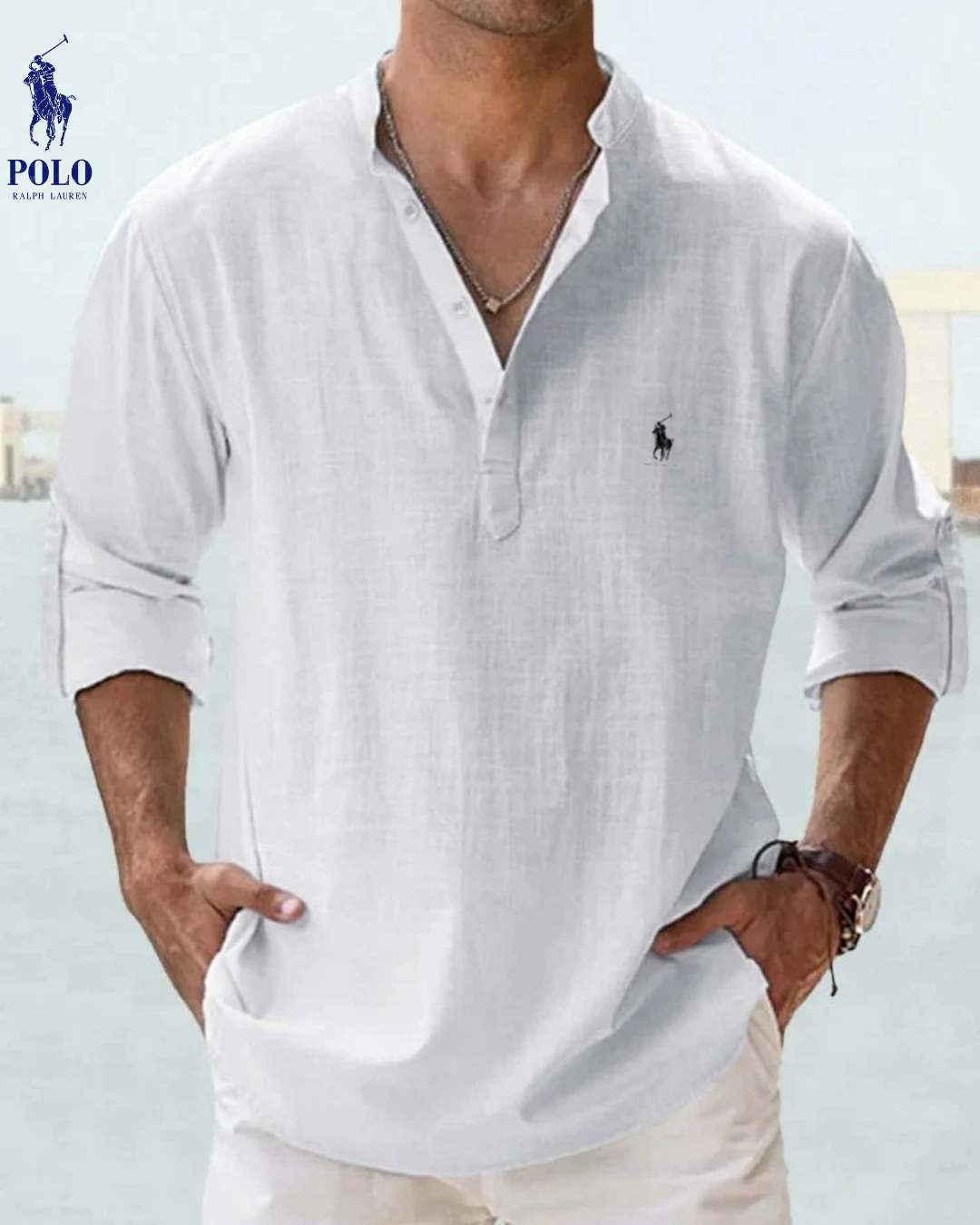 Linen Mandarin Collar Henley Shirt — Clearance Sale
